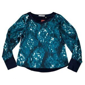 T Tahari NWT Watercolor Abstract Blouse Blue French Cuff Size Petite Small